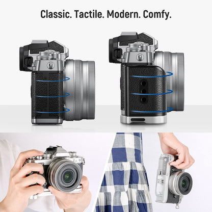 NEEWER L-Shape Grip para Nikon Z FC, Empuñadura en Forma de L de Aleación de Aluminio con Mango de Cuero Retro, 1/4" Rosca, Zapata Fría y Cola de Milano Arca, Compatible con Nikon Z FC(VS108)