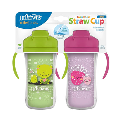 Dr. Brown's Milestones - Taza aislada para sorbos con popote y asas, vaso a prueba de derrames con tapa, paquete de 2, verde y morado, 10 onzas, 300 ml, última intervensión de BPA, 12 m +