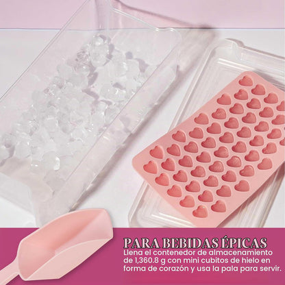 Paris Hilton - Juego de mini bandejas para cubitos de hielo en forma de corazón, incluye 3 moldes para cubitos de hielo, contenedor de almacenamiento para cubitos de hielo con tapa y cuchara de hielo