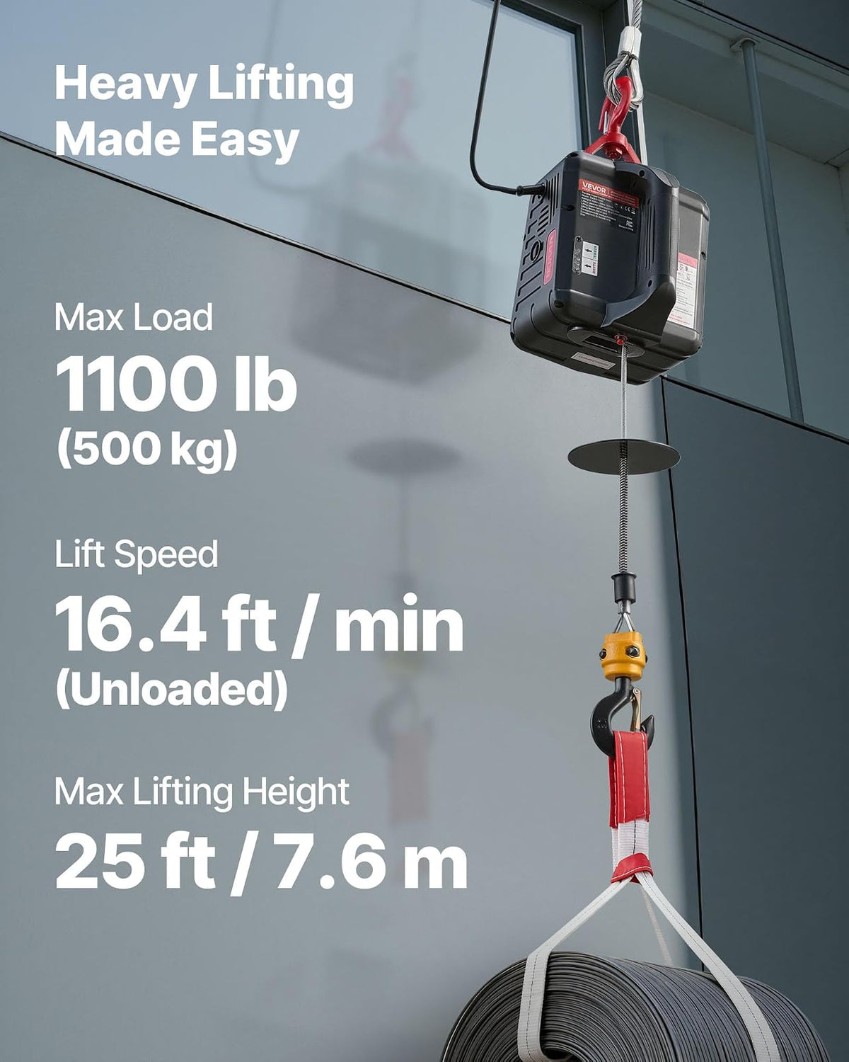 VEVOR Cabrestante eléctrico 2 en 1, capacidad 1100lb, grúa portátil de 1500W, altura de elevación de 25 pies, 16,4 pies/min con control remoto manual e inalámbrico para fábricas, almacenes y garajes