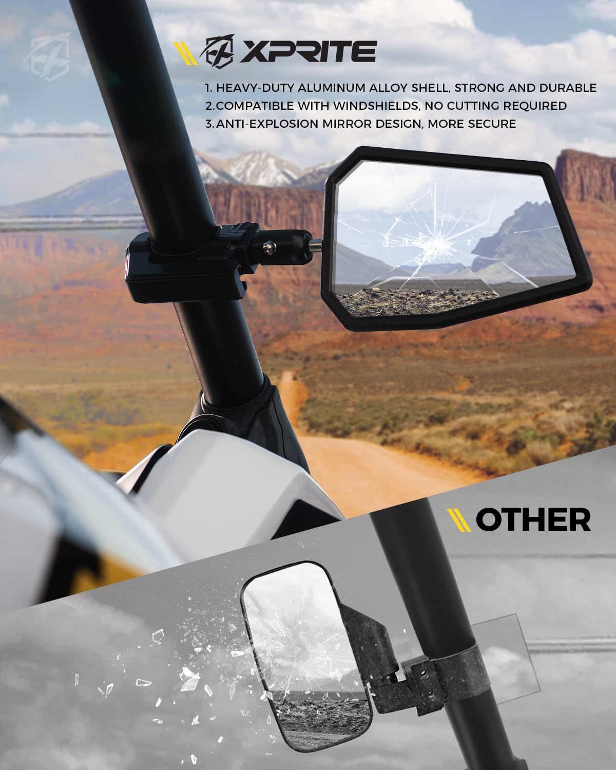 Xprite UTV - Espejos laterales para jaula de barra enrollable de 1.7 a 2 pulgadas, soporte ajustable para espejo retrovisor de aluminio resistente para todoterreno, lado a lado, Polaris RZR XP Turbo,