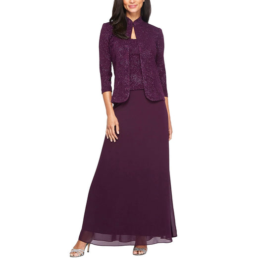 Vestido largo de punto con purpurina jacquard y chamarra con cuello mandarín