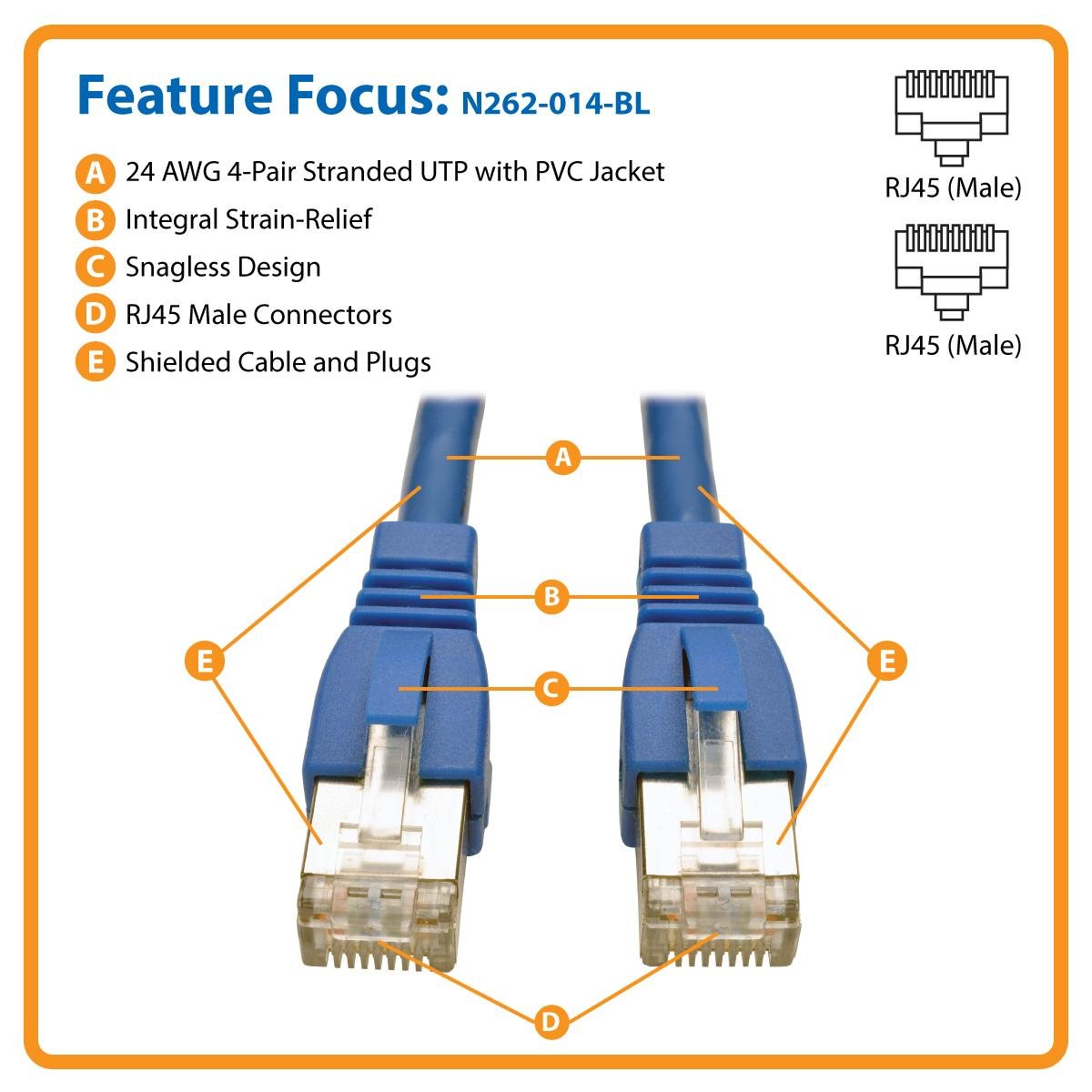 Tripp Lite N262-014-BL Patch Cable RJ-45, Male to Male, Augmented, Cat6/Cat6a, Shielded, 10G, 14", Blue