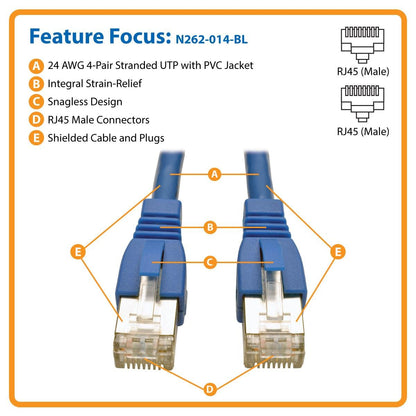 Tripp Lite N262-014-BL Patch Cable RJ-45, Male to Male, Augmented, Cat6/Cat6a, Shielded, 10G, 14", Blue