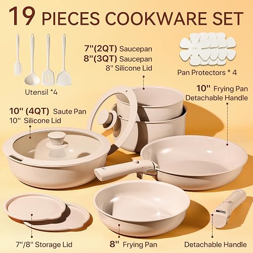 CAROTE – Batería de Cocina 19 Piezas, Ollas y Sartenes Antiadherentes de Cerámica, Mango Desmontable, Color Gris Topo