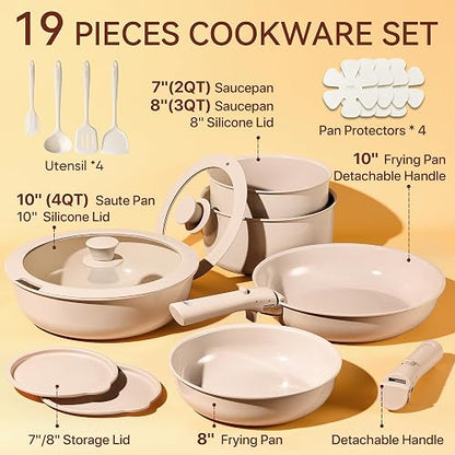 CAROTE – Batería de Cocina 19 Piezas, Ollas y Sartenes Antiadherentes de Cerámica, Mango Desmontable, Color Gris Topo