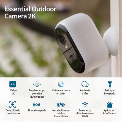 Arlo Essential Cámara de Seguridad Exterior (2da Generación), Blanco, 1 Unidad, Inalámbrica, 2K, Wi-Fi