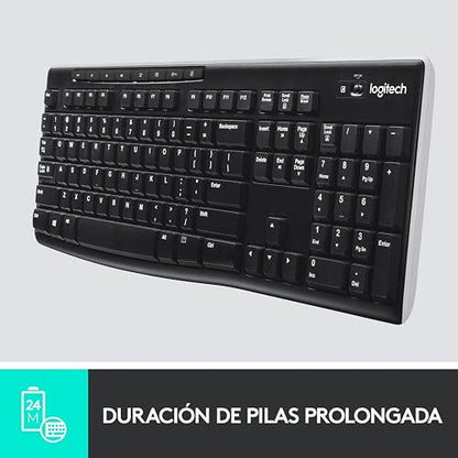 Logitech K270 Teclado Inalámbrico para Windows, Tecnología Inalámbrica 2.4 GHz, Tamaño Normal, Teclado Numérico, 8 Teclas Multimedia, Batería 2 Años, Compatible con PC, Laptop - Negro