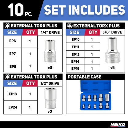 Neiko 02473A - Juego de enchufes Torx Plus externos, 10 piezas, EP6 de 1/4 pulgadas, EP8, EP10 de 3/8 pulgadas, EP16, unidad cuadrada de 1/2 pulgadas, EP18 y EP24, acero CR-V