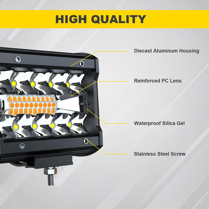 FEELON LED Light Bar 4PCS 4'' Inch White/Amber Yellow LED Pods Equivalent to 240-Watt Strobe Light Driving Fog Lights Triple Row Off Road Lights with Six Modes for SUV ATV UTV Trucks Pickup Lamp