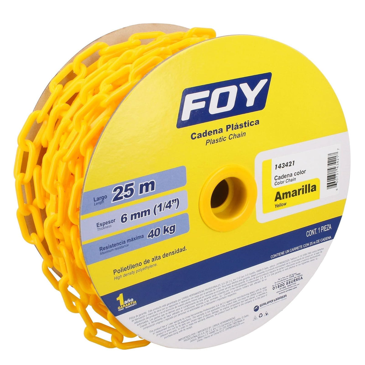 Foy 143421 Cadena plástica calibre 6 mm de 25 m, color amarillo