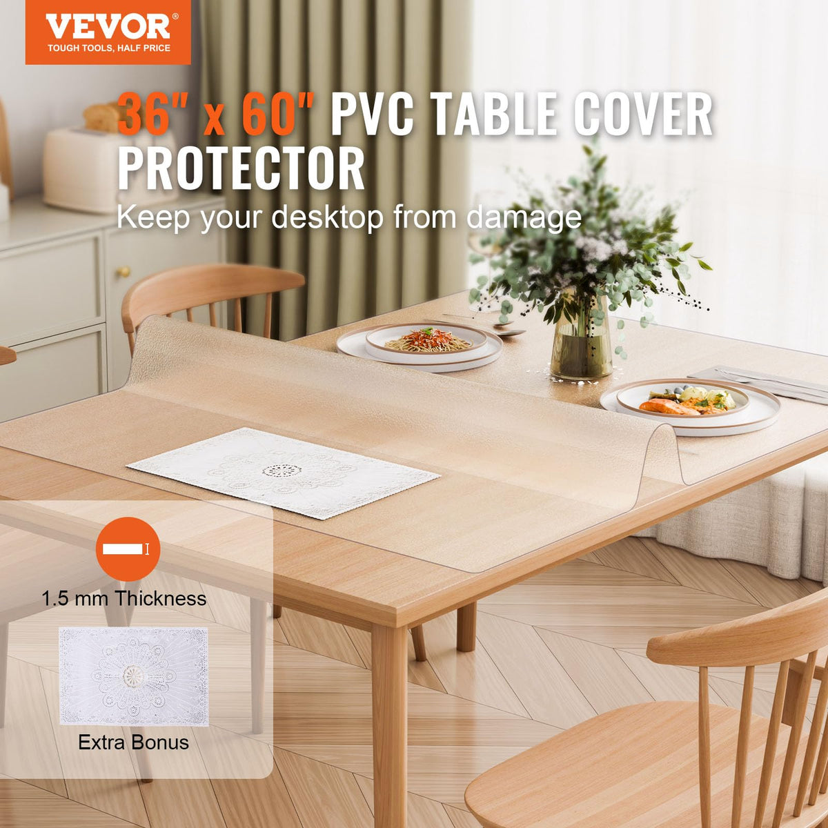 VEVOR Mantel Rectangular Transparente Esmerilado 914x1524 mm Grosor de 1,5 mm Película de PVC para Mesa Impermeable Fácil de Limpiar Protector de Mesa para Oficina, Cocina, Restaurante, Comedor