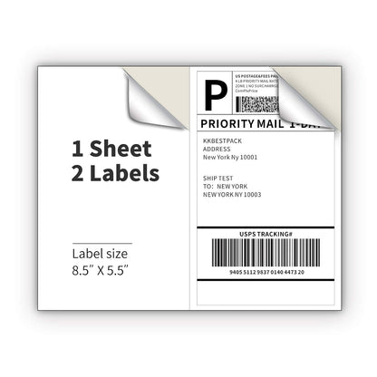KKBESTPACK Etiquetas de envío de media hoja, 2 etiquetas autoadhesivas por página, color blanco, 8.5 x 5.5 (200 etiquetas)