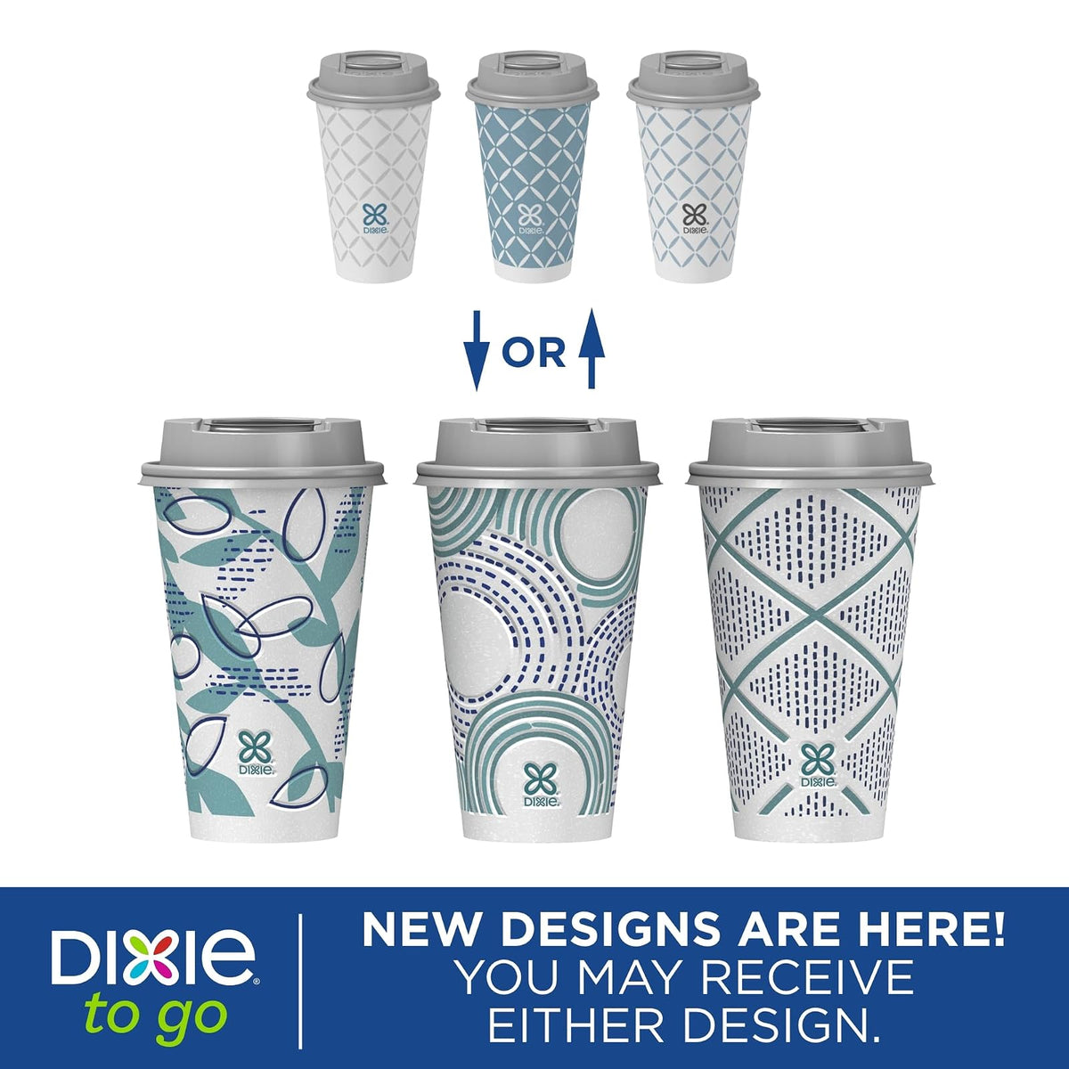 Dixie To Go - Tazas de bebidas calientes y tapas deslizantes, 16 onzas, 108 unidades, diseños surtidos, tazas de café de papel desechables y tapas deslizantes (6 paquetes de 18 tazas y tapas)