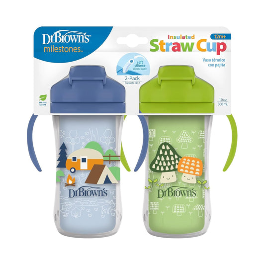 Dr. Brown's Milestones - Taza aislada para sorbos con popote y asas, vaso a prueba de derrames con tapa, paquete de 2, azul y verde, 10 onzas, 300 ml, última intervensión de BPA, 12 m +