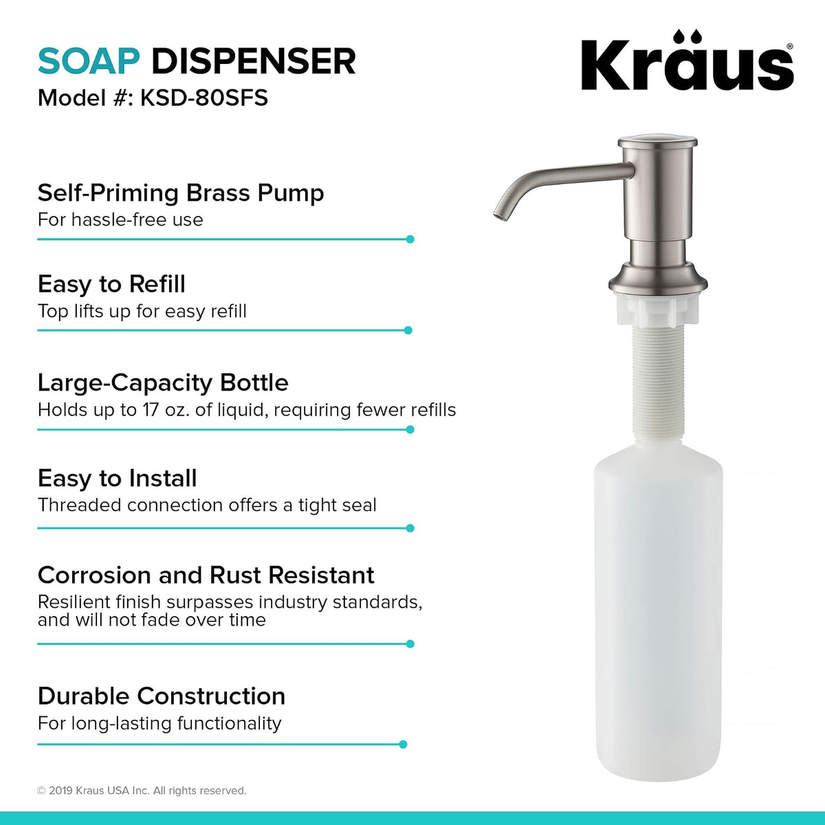 Kraus KSD-80SFS - Dispensador de jabón y loción de Cocina en Acero Inoxidable sin Puntos
