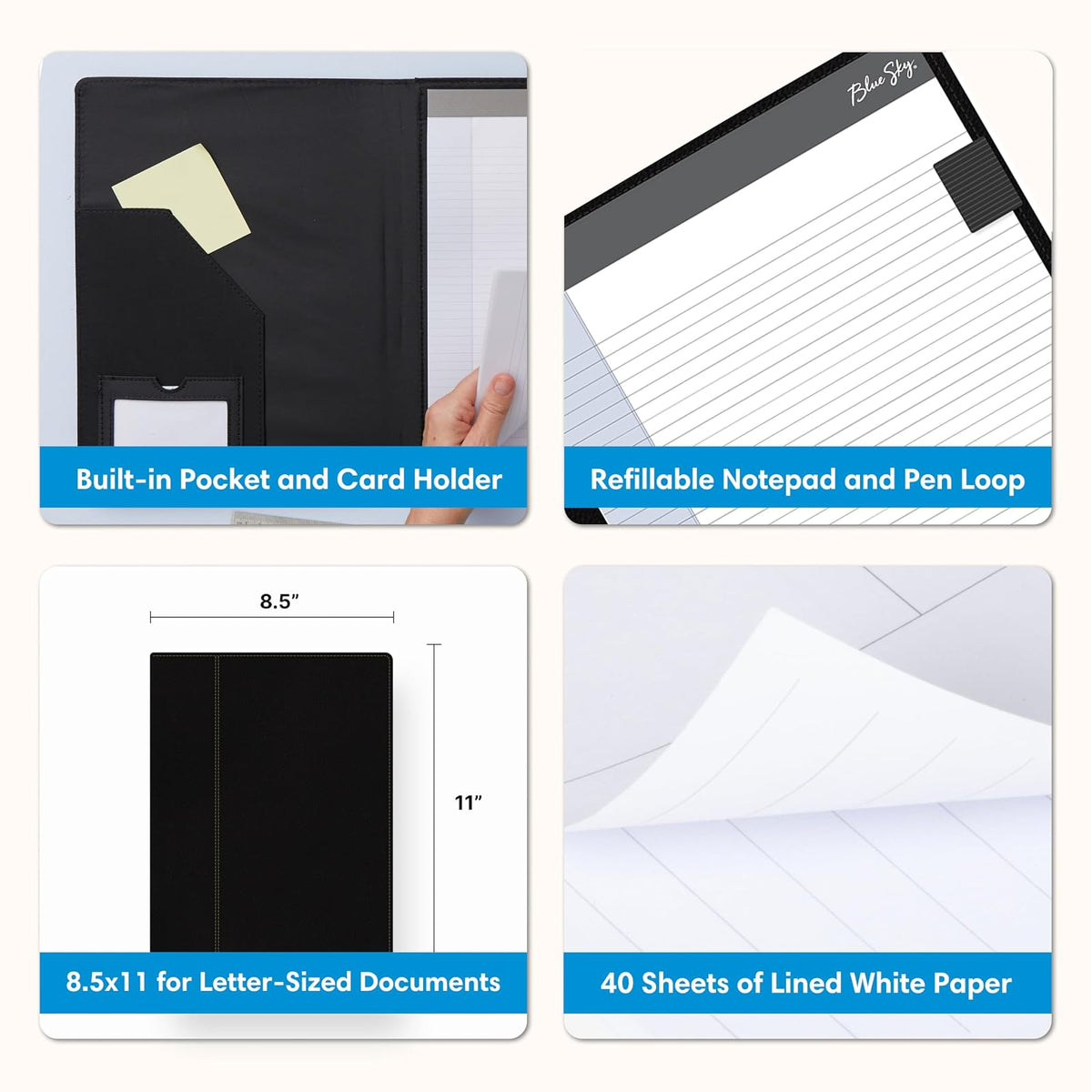 Cielo azul profesional piel Pad Folio, 24,1 x 30,5 cm Negro, Papel Bloc de notas incluido (14714)