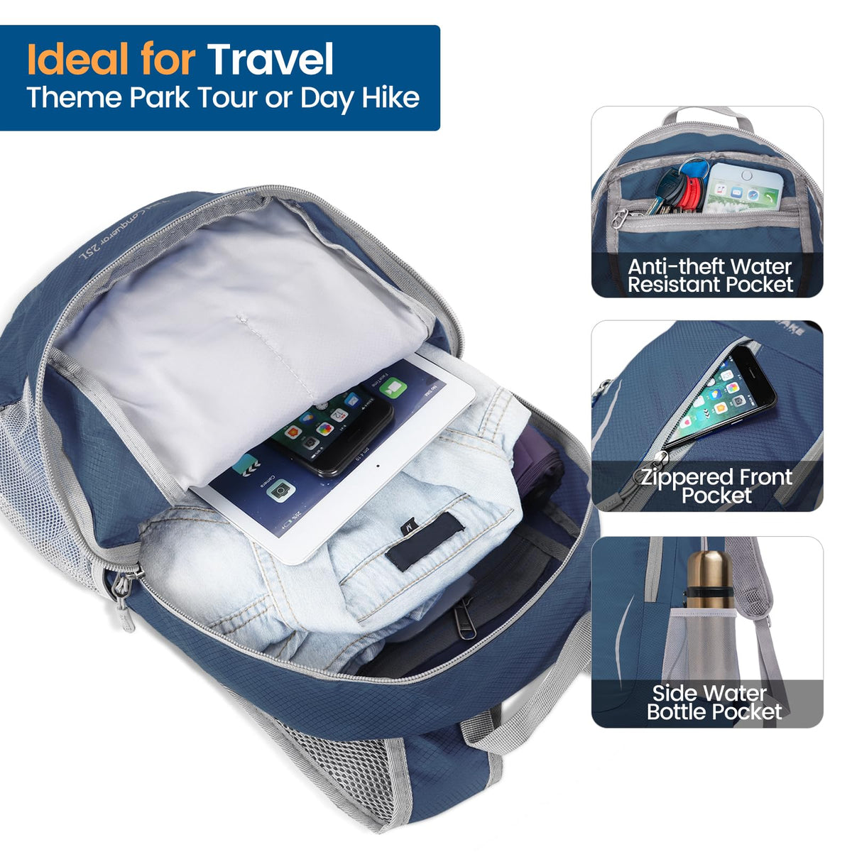 ZOMAKE Ultra Liviana Mochila Plegable, Resistente al Agua 25L Mochila para Empacar para Mujeres y Hombres al Aire Libre