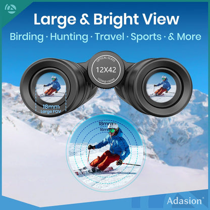 Adasion Binoculares 12x42 | Para adultos, adaptador fotografía smartphone, ocular 18 mm, lente BAK4, impermeable, 1 libra