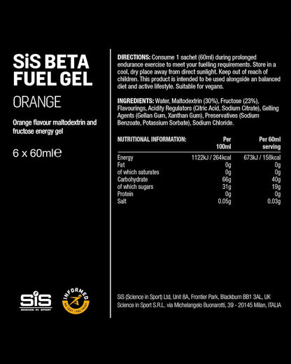 SIS Science in Sport Beta Fuel Gel sabor Naranja, Gel de Carbohidratos de Doble Fuente, 40g de Carbohidratos por Porción, Fácil de Digerir, 60ml (Pack de 6)