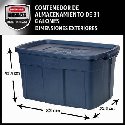 Rubbermaid Roughneck - Bolsa de 31 galones, paquete de 3, fabricado en Estados Unidos, metal índigo oscuro, contenedores de almacenamiento apilables de plástico resistente con tapas y asas