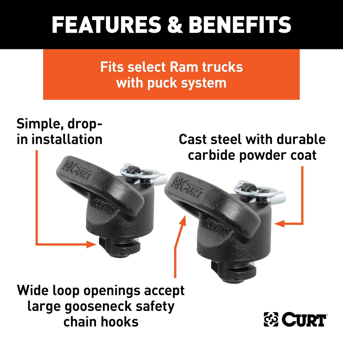 CURT Anclajes de Cadena de Seguridad con Cuello de Cisne OEM 30K para Ram 2500/3500, Negro Carburo, 60617