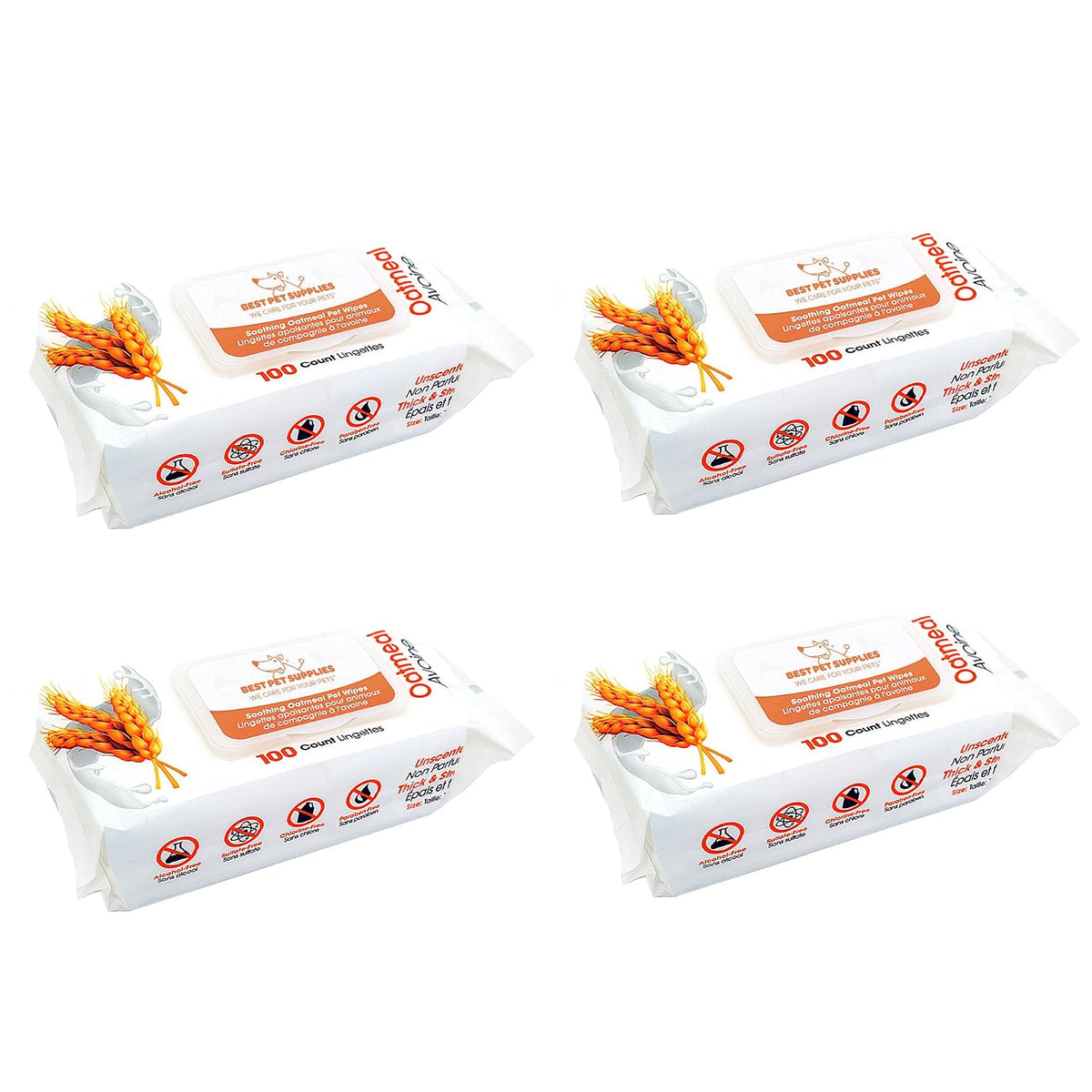 Best Pet Supplies Toallitas de Aseo para Perros y Gatos - 100 Pack x 4 - Avena calmante (sin perfume)