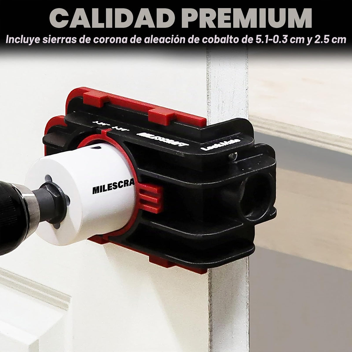Milescraft 1337 Lock Mate - Kit de instalación de cerradura de puerta con plantilla para puertas de madera/metal, 1-3/8 pulgadas a 1-3/4 pulgadas de grosor. Sierras bi-metálicas de cobalto incluidas