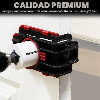 Milescraft 1337 Lock Mate - Kit de instalación de cerradura de puerta con plantilla para puertas de madera/metal, 1-3/8 pulgadas a 1-3/4 pulgadas de grosor. Sierras bi-metálicas de cobalto incluidas