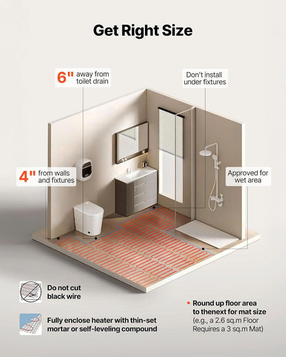 VEVOR - Sistema de calefacción por suelo radiante de malla autoadhesiva de 80 pies cuadrados (120 V), con termostato y alarma de control inteligente, fácil instalación para azulejos, piedra y vinilo.