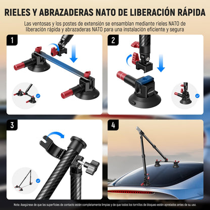 NEEWER - Kit de Montaje para Automóvil con Triple Ventosa, Soporte para cámara de Fibra de Carbono con Adaptador de cámara de acción, riel NATO y Poste de extensión de 60 cm Compatible con GoPro Insta360
