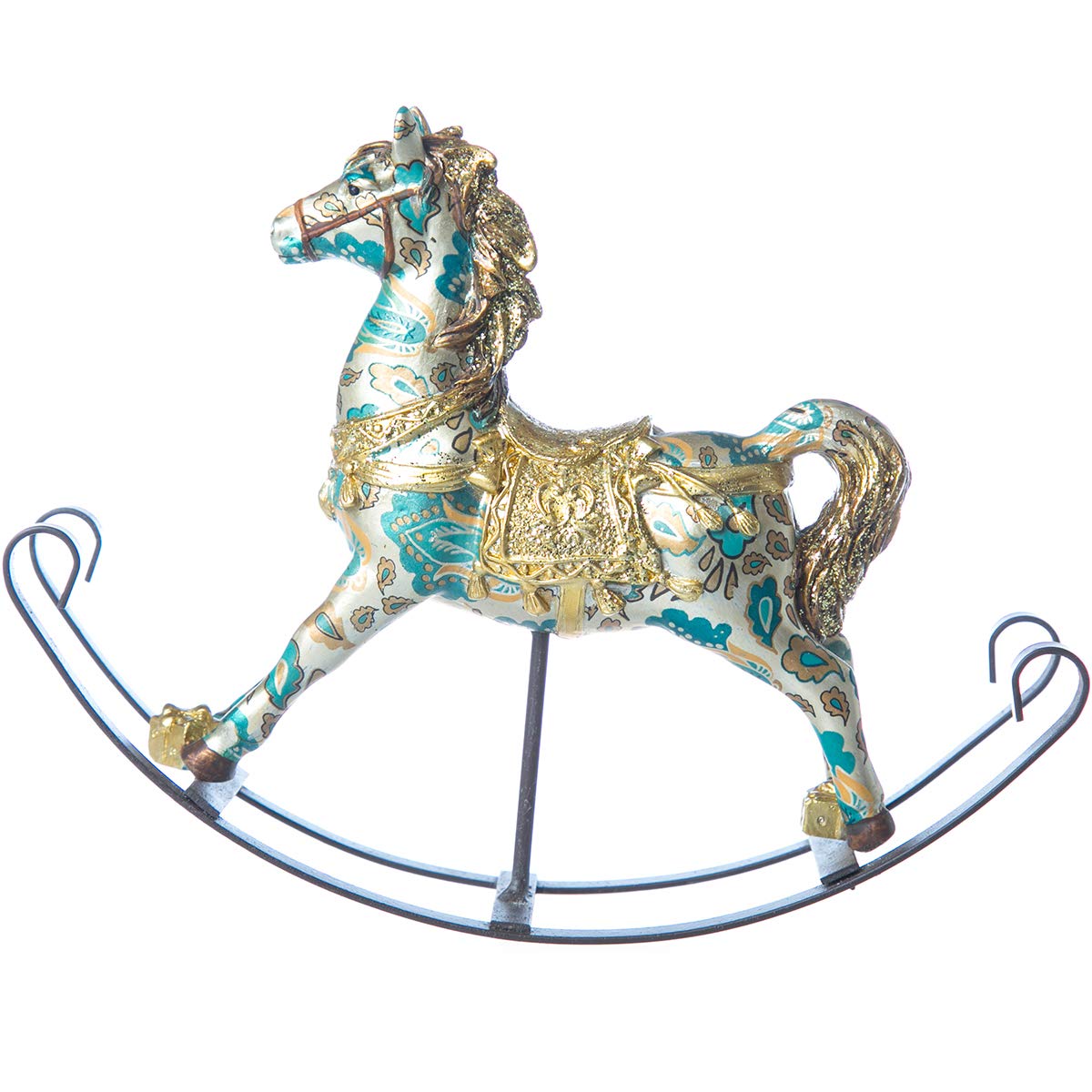 Running Decora Navidad Rococo Figura de poliresina Caballo mecedor Dorado y Verde Chico