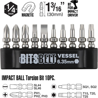 VESSEL - Destornillador intercambiable de carraca con 10 piezas Juego de brocas 2200MBH120K01