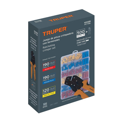 Truper PCT-8K, Kit de crimpadora y 500 terminales con aislamiento