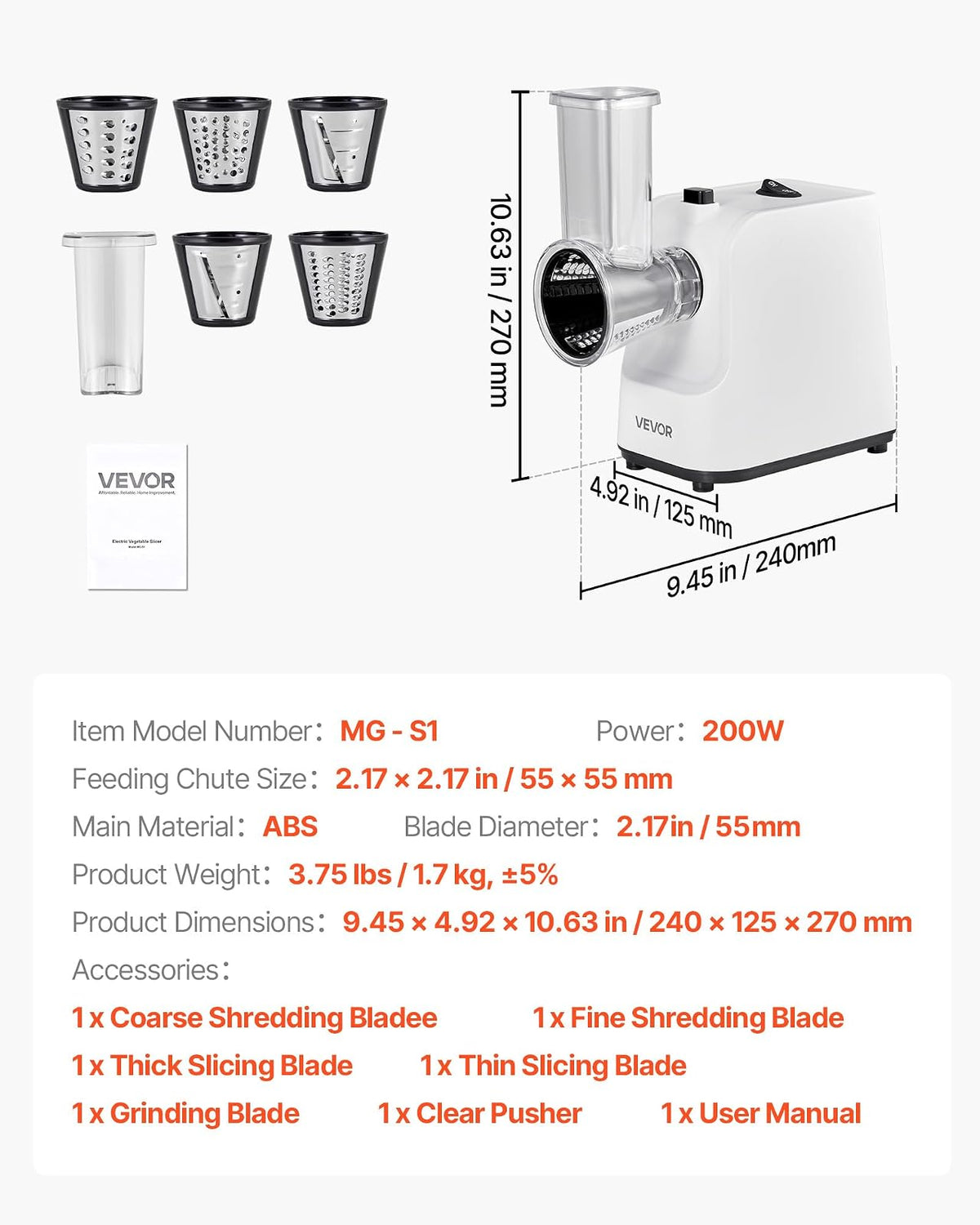 VEVOR Rallador de queso eléctrico para ensaladas,200 W,cortador de verduras eléctrico, triturador y picador para frutas con 5 accesorios,cortador de alimentos de acero inoxidable para verduras