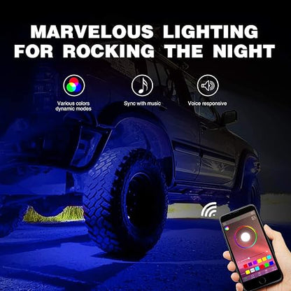 Nilight Kit de 8 Luces LED RGB Rock RL07H, Multicolor, Bluetooth, Modo Música, IP68, para ATV/UTV