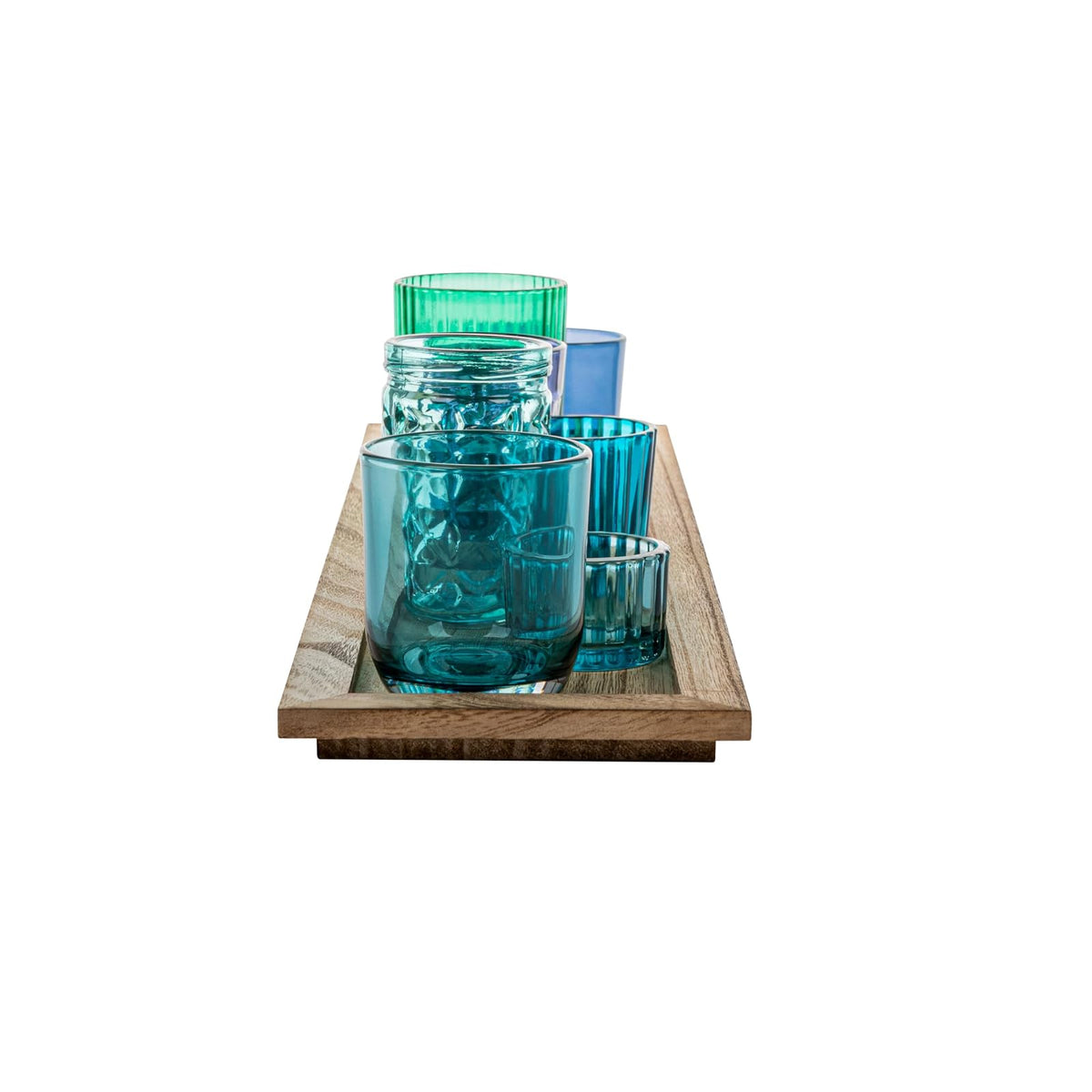 Creative Co-Op Bandeja de Madera con 9 Soportes votivos de Vidrio Azul y Verde
