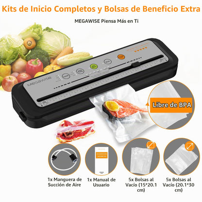 MEGAWISE Selladora al vacío con cortador, modos Dry y Moist, 10 bolsas | 80 kPa, VAC SEAL automático, VAC PULSE/STOP manual, ajustes Thin, Medium y Thick, manguera para recipientes compatible