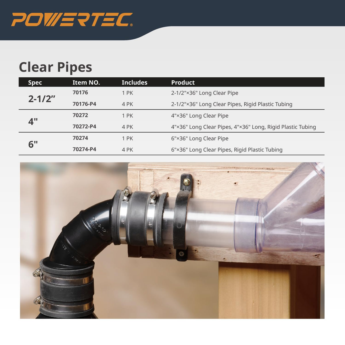 POWERTEC Tubo de PVC transparente de 6 x 36 pulgadas de largo, 1 tubo de plástico rígido, compatible con tubo redondo con accesorios de recogida de polvo, manguera para herramientas de carpintería,
