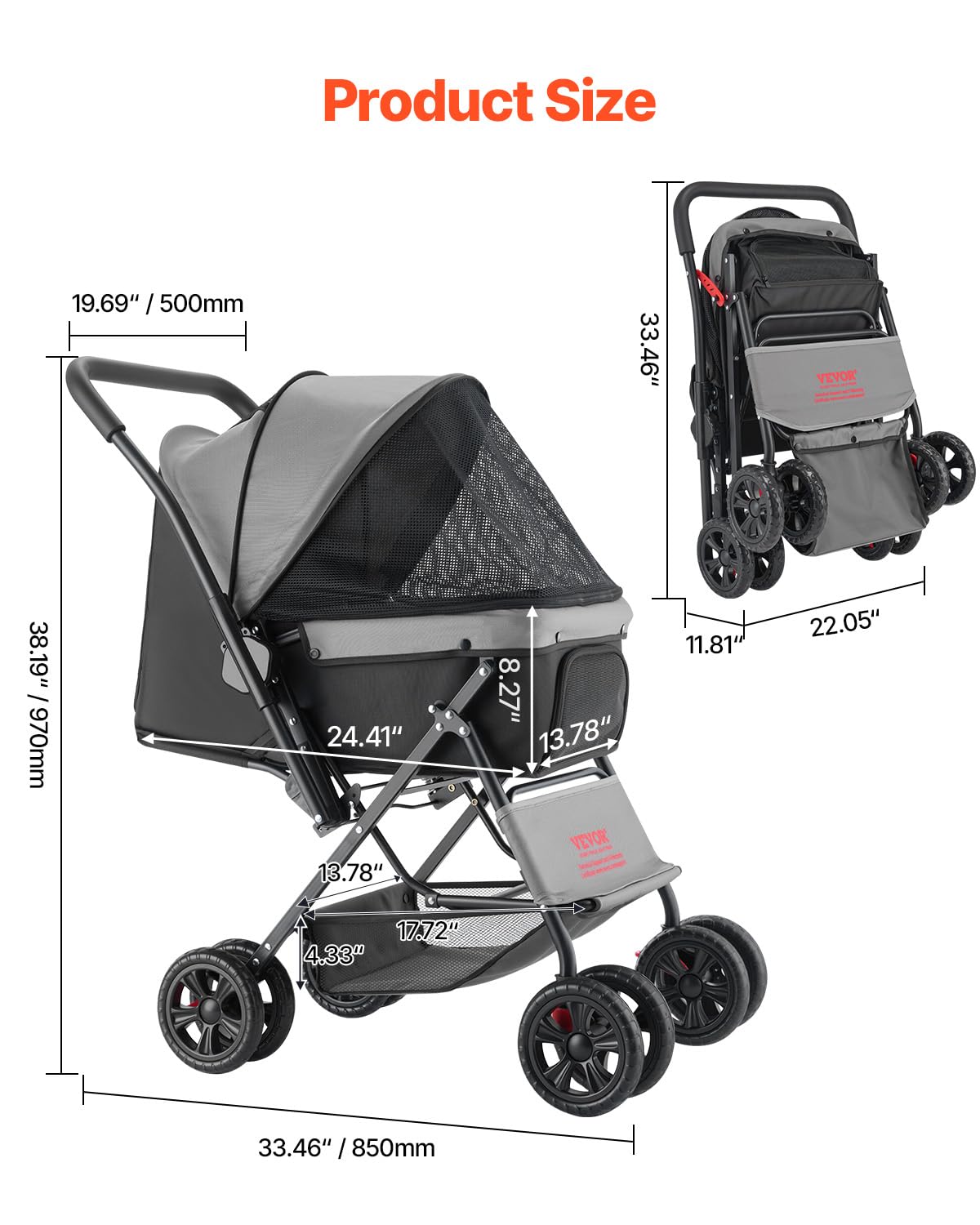 VEVOR Cochecito para Mascotas Capacidad 20kg Carrito Plegable para Perros de 4 Ruedas con Ventana de Malla Asa Reversible Cochecito Portátil Tela Oxford 600D con Freno para Mascotas Pequeñas Medianas