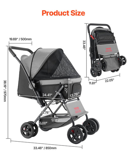 VEVOR Cochecito para Mascotas Capacidad 20kg Carrito Plegable para Perros de 4 Ruedas con Ventana de Malla Asa Reversible Cochecito Portátil Tela Oxford 600D con Freno para Mascotas Pequeñas Medianas