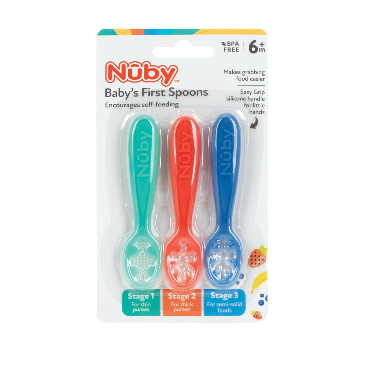 Nuby - Juego de cucharas para bebé (silicona, fácil de agarrar y sostener, 3 paquetes, 6 más meses)
