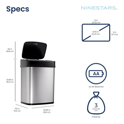 Ninestars DZT-12 – 5 Dormitorio o baño automático sin contacto con sensor de movimiento por infrarrojos, 11.4 l, base de acero inoxidable (rectángulo, tapa negra)
