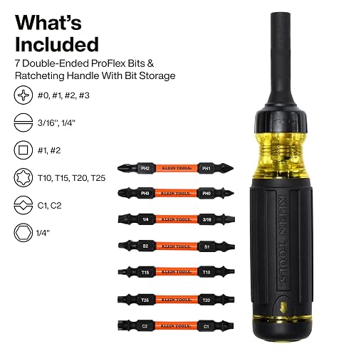 Klein Tools 32315HD Destornillador de matraca de múltiples puntas 15 en 1, clasificado por impacto, 7 puntas de zona de torsión ProFlex de doble extremo, tuerca de 1/4 pulgada, 8 piezas