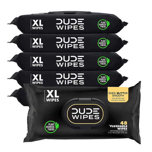 DUDE Wipes - Toallitas DUDE - Toallitas Desechables - Paquete de 6, 288 Toallitas - Húmedas Extra Grandes con Mantequilla de Karité - Con Vitamina E y Aloe - Seguras para Sépticos y Alcantarillado