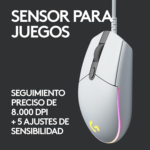 Logitech G203 LIGHTSYNC Mouse Ergonómico con Cable, Iluminación RGB Personalizable, 6 Botones Programables, Seguimiento de hasta 8,000 dpi, Ultra-Ligero - Color Blanco