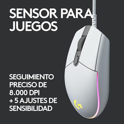 Logitech G203 LIGHTSYNC Mouse Ergonómico con Cable, Iluminación RGB Personalizable, 6 Botones Programables, Seguimiento de hasta 8,000 dpi, Ultra-Ligero - Color Blanco