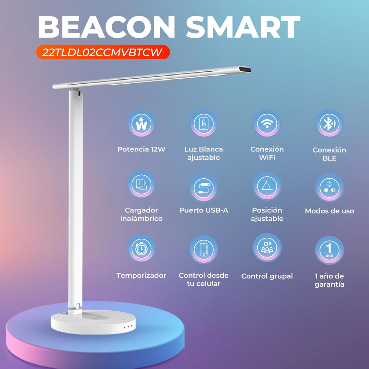 Tecnolite Connect - Lámpara de Mesa Inteligente WiFi LED 12 W con Estación de Carga Inalámbrica, Entrada USB, Luz Blanca Ajustable, Compatible con App móvil, Alexa, Google y Siri, Lámpara Interior
