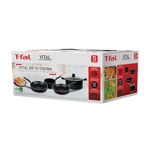T-fal Batería de Cocina 5 Piezas Vital, color Negro, con Antiadherente Easy Plus, Thermo-Señal, Calor Uniforme, Fácil Limpieza, 390900