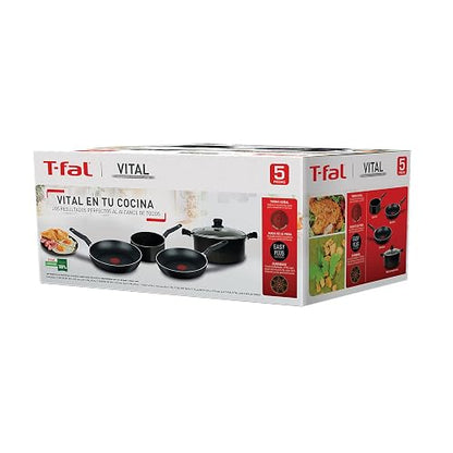 T-fal Batería de Cocina 5 Piezas Vital, color Negro, con Antiadherente Easy Plus, Thermo-Señal, Calor Uniforme, Fácil Limpieza, 390900